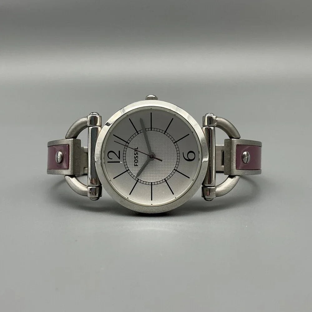 Fossil ES-2472 Womens Watch 30mm Silver Tone Purple Inlay Stainless New Battery